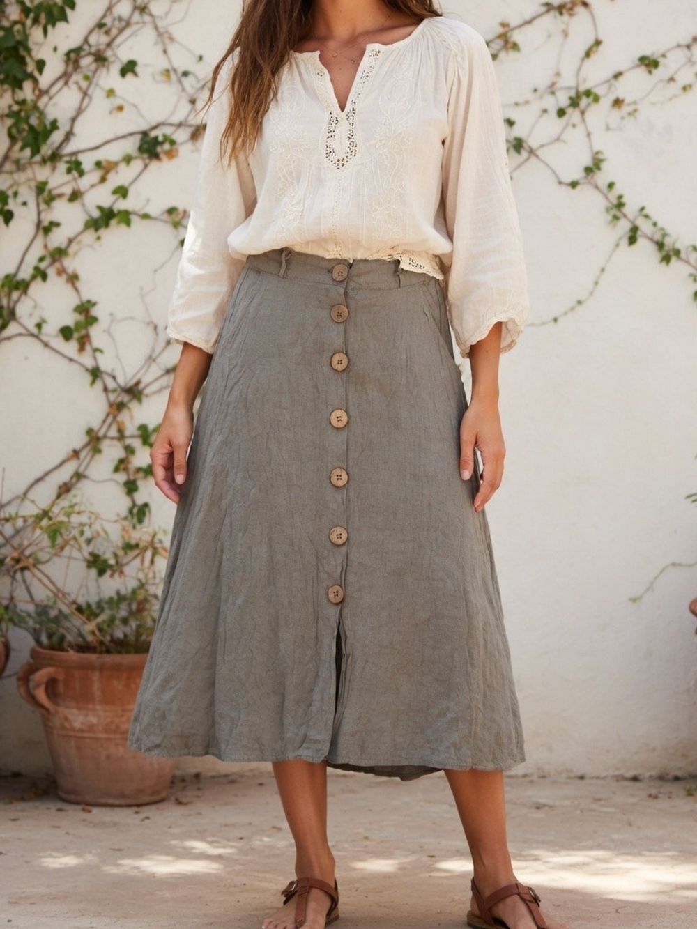Charlie B Women's A-Line Button-Front Linen Skirt in Olive Size S
